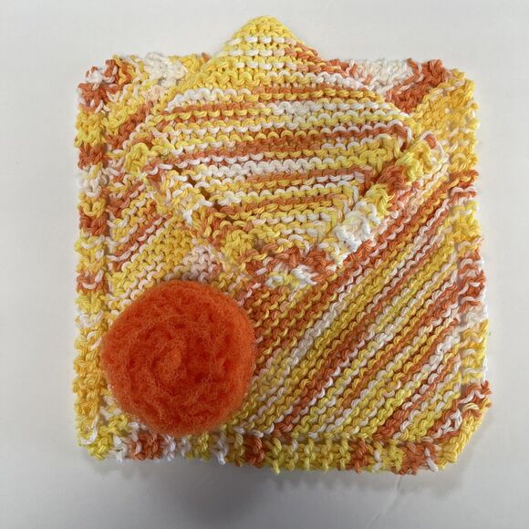 Hand Knit Dish Cloth Set of 2 Plus Scrubbie 100% Cotton Multicolor Orange Yellow - Picture 1 of 6